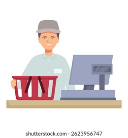 Friendly cashier working at his cash register, holding a shopping basket - Powered by Shutterstock - Get 15% off with code: PIKWIZARD15