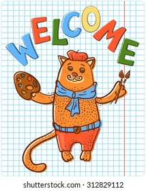 friendly cat artist drawn on notebook sheet