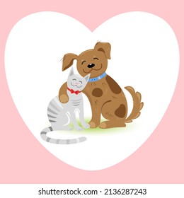 Friendly cat and dog hugging on a background in the shape of a heart