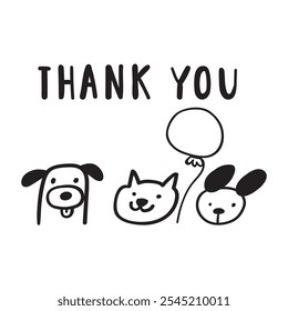 Friendly cat and dogs. Phrase -Thank you. Vector outline illustration on white background.