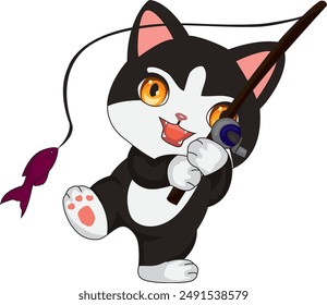 Friendly cat mascot fishing with a fish rod