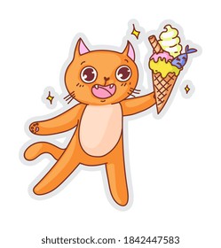 Friendly cat sticker. Cute funny happy cat holding ice-cream sticker isolated on white background. Hello summer, small pleasure vector illustration