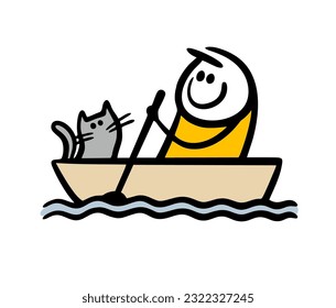 Friendly cat and a stickman owner are floating on the water in a boat. Vector illustration of a pet and a man rowing with an oar. Hand drawn stick figure character isolated on white background.