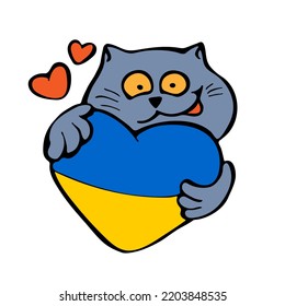 Amigable gato con un corazón amarillo-azul como bandera de Ucrania