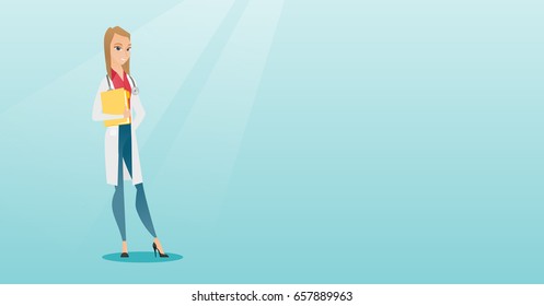 Friendly caucasian doctor with a stethoscope and a file. Young doctor in a medical gown carrying a folder with patient or medical information. Vector flat design illustration. Horizontal layout.