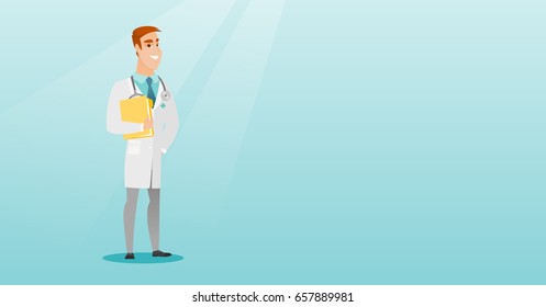 Friendly caucasian doctor with a stethoscope and a file. Young doctor in a medical gown carrying a folder with patient or medical information. Vector flat design illustration. Horizontal layout.