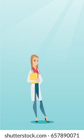 Friendly caucasian doctor with a stethoscope and a file. Young smiling doctor in a medical gown carrying a folder with patient or medical information. Vector flat design illustration. Vertical layout.
