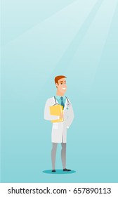 Friendly caucasian doctor with a stethoscope and a file. Young smiling doctor in a medical gown carrying a folder with patient or medical information. Vector flat design illustration. Vertical layout.