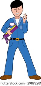 Friendly Caucasian Man In A Blue Uniform, Holding A Caulking Gun