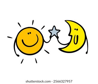 Friendly celestial bodies in space are holding a star. Vector illustration of the sun and moon together. Funny characters, family in the sky isolated on white background.