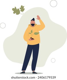 friendly character man waving his hand and holding a young Sprout in his hand.environment concept.flat vector illustration