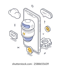 A friendly chat bot emerges from a smartphone, surrounded by digital icons. Communication and interaction in a modern tech-driven world. Isometric line art vector illustration