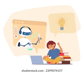 Friendly Chatbot Guides Curious Kid Through Interactive Chemistry Lessons, Making Learning A Delightful Adventure With Quizzes, Stories, And Personalized Support. Cartoon People Vector Illustration