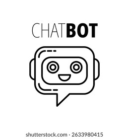 Friendly Chatbot Icon with Bold Font and Smiling Robot Face in a Tilted Speech Bubble
