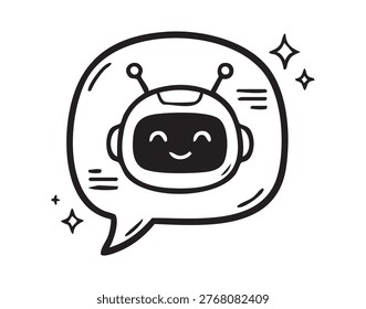 Friendly chatbot icon. Engaging conversational interface showing smiling bot inside speech bubble. Userfriendly digital helper with cheerful appearance within speech bubble communication design