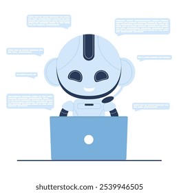 A friendly chatbot interacts with users through a laptop. Chat bubbles represent ongoing conversations, highlighting the chatbot s communication abilities vector illustration.