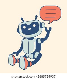 Robô chatbot amigável sentado e acenando com uma bolha de fala. Mascote bonito assistente de inteligência artificial para suporte a bate-papo, tecnologia e design de comunicação digital. clip-art de vetor desenhado à mão