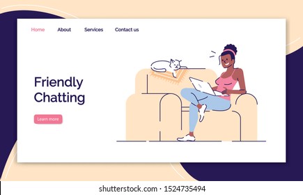 Friendly chatting landing page vector template. Internet surfing website interface idea with flat illustrations. Relaxing at home homepage layout. Rest with laptop webpage cartoon concept