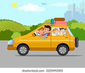 Amistosa y alegre familia mamá papá hermano y hermana van de vacaciones de verano en un auto en el techo de las maletas del auto Vector