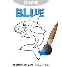 The friendly cheerful kind smiling shark contour line on a white background. Cartoon vector illustration. Coloring book - learn the color blue