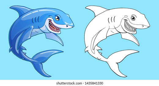 The friendly cheerful kind smiling shark color full and contour line on a blue background. Marine predatory animal fish. Cartoon 3d vector illustration. Page of a coloring.