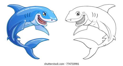 The friendly cheerful kind smiling shark color full and contour line on a white background. Marine predatory animal fish. Cartoon vector illustration. Page of a coloring
