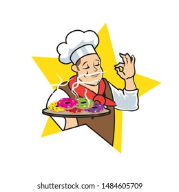 A friendly and cheerful vector mascot of a professional chef wearing a white hat and red scarf, proudly holding a tray of delicious, colorful glazed donuts. The character is shown smelling the sweet aroma with an "OK" hand gesture, set against a vibrant yellow star background. Perfect for bakeries, donut shops, dessert cafes, pastry businesses, and food delivery services.