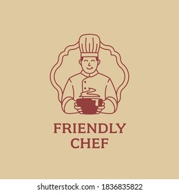 Friendly Chef mascot holding soup logo icon cartoon in monoline vintage legendary culinary style