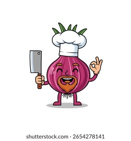 Personagem amigável cebola chef segurando um cutelo de carne mostrando um gesto de refeição delicioso