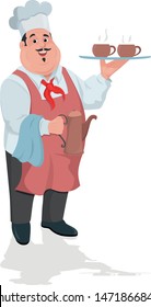 Friendly chef presenting with kettle and coffee cups in his hand on a white background