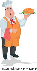 Friendly chef presenting with kettle and coffee cups in his hand on a white background