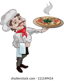 Friendly chef presenting pizza. File EPS(10)