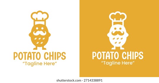 Un logotipo amigable de papas fritas con temática de chef adecuado para marcas de refrigerios y empaques de productos alimenticios.