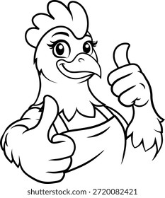 Amistoso chef de pollo en delantal dando dos pulgares para arriba. Divertido arte de línea para menús de restaurantes, o páginas para colorear con un tema de aves de corral.
