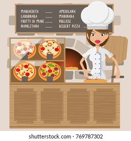 Friendly chief cook standing in front of oven. Chief cook at pizzeria. Chief cook is  slicing pizza. Vector flat design illustration. Square layout.