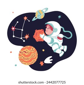 Niño astronauta amable con un colorido amigo alienígena y platillo volador. Ilustración vectorial para libros educativos y de cuentos para niños