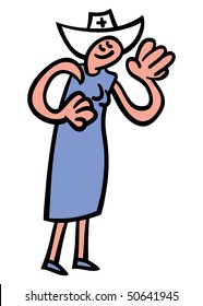 Friendly child-like vector illustration of a smiling and waving nurse