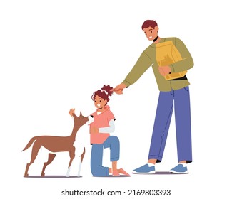 Caracteres infantiles amigables alimentando perros aislados en fondo blanco. Niños entregando comida a cachorros sin hogar en un refugio para animales o Libra. Amabilidad, Concepto de Adopción. Ilustración de vectores de personas de caricatura