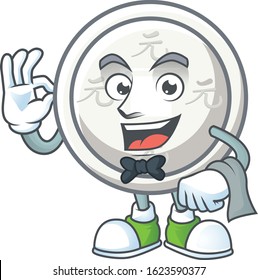 Friendly chinese silver coin Character stand as a Waiter character