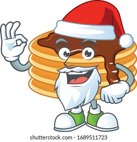 Friendly chocolate cream pancake Santa cartoon character design with ok finger