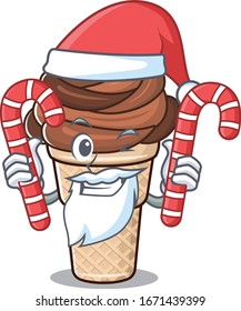Friendly chocolate ice cream in Santa Cartoon character having candies