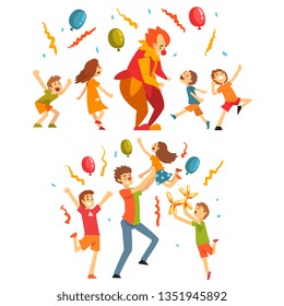 Friendly Circus Clowns in Colorful Costumes Playing with Small Happy Children Vector Illustration