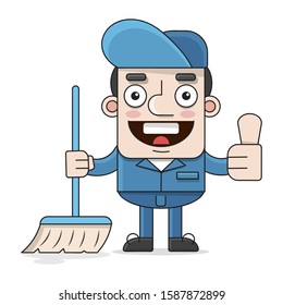 Friendly Cleaner Dressed In Work Clothes, He Has A Mop Vector Illustrations Suitable For Greeting Card, Poster Or T-shirt Printing.