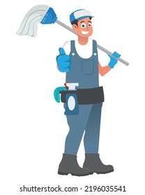 Friendly cleaner dressed in work clothes, he has a mop. vector illustration with white background