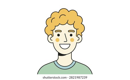 Friendly close up portrait of a happy young man with curly blonde hair smiling against a plain white background.