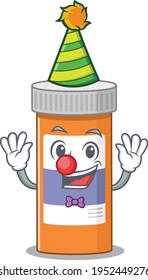 Friendly clown pills drug bottle mascot design concept. Vector illustration