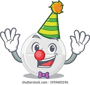 Friendly clown tablet drug mascot design concept. Vector illustration