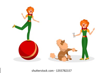 Friendly Clowns Rehearsal Flat Color Illustration. Performer with Bow tie Training Poodle. Women in Costumes Isolated Cartoon Characters on White Background. Cheerful Entertainer Performing Ball Trick