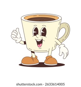 Friendly coffee cup mascot with expressive smile and thumbs up gesture, ideal for advertising, branding, and social media content. Perfect for fun food-themed visuals. Vector illustration.