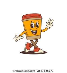 Friendly coffee cup mascot in motion with a peace sign and open gesture adds charm to branding, packaging, café promotions, and digital content. Classic retro cartoon style vector illustration.